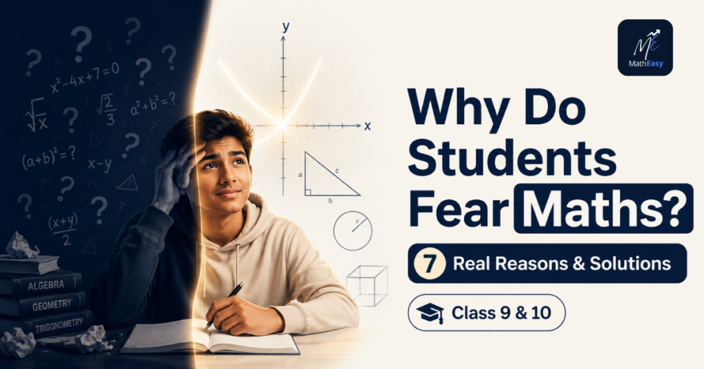 Why do students fear maths guide showing a Class 9 and 10 student resolving math anxiety with foundational algebra and geometry concepts by MathEasy.